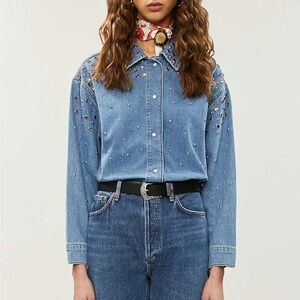 SANDRO Rubby faded wash embellished denim shirt in blue jean Size 1